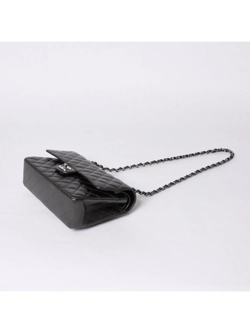 Chanel Quilted 25 Double Flap Chain Shoulder Bag Shine Gray Lambskin Silver